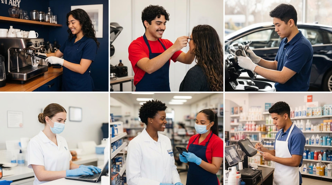 Diverse young DC workers thriving across cafes, clinics, trades, salons, and tech