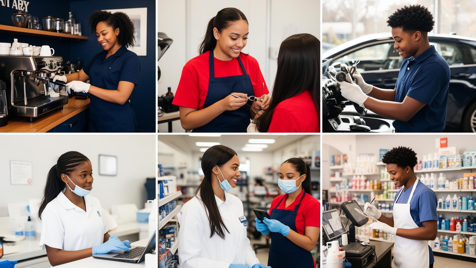 Diverse young DC workers thriving across cafes, clinics, trades, salons, and tech